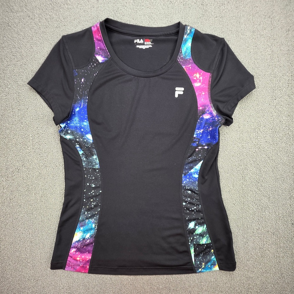 FILA Sport Galaxy Print Activewear Top Womens Black Cosmic Athletic Shirt M